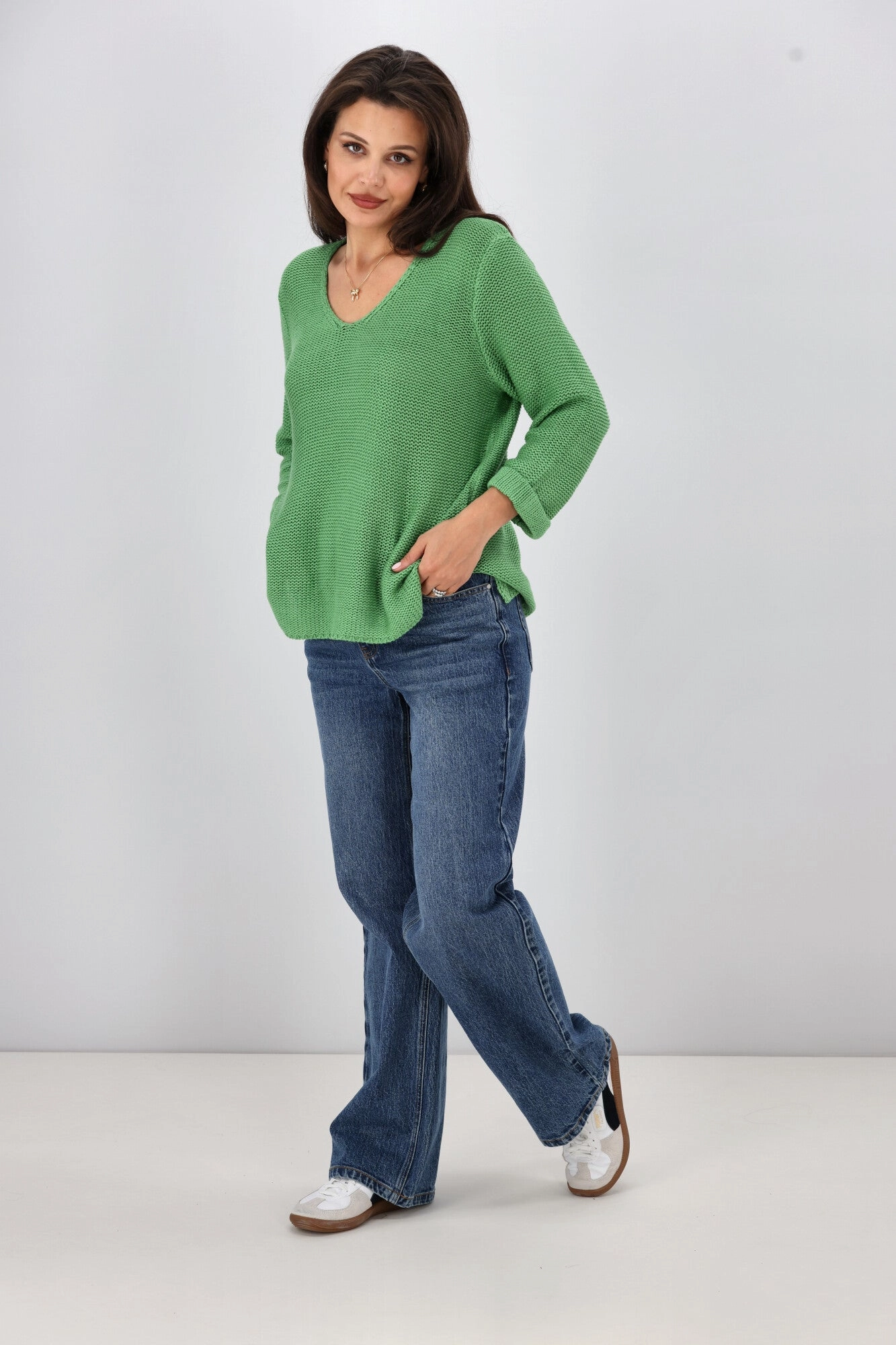 Silver Wishes Roll Up Sleeve Knit Top Green