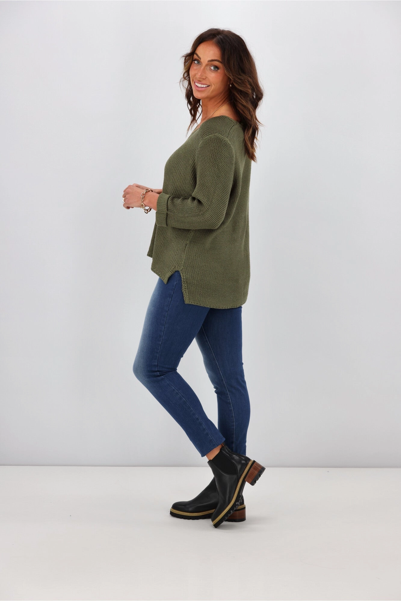 Silver Wishes Roll Up Sleeve Knit Top Khaki