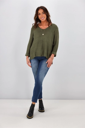 Silver Wishes Roll Up Sleeve Knit Top Khaki