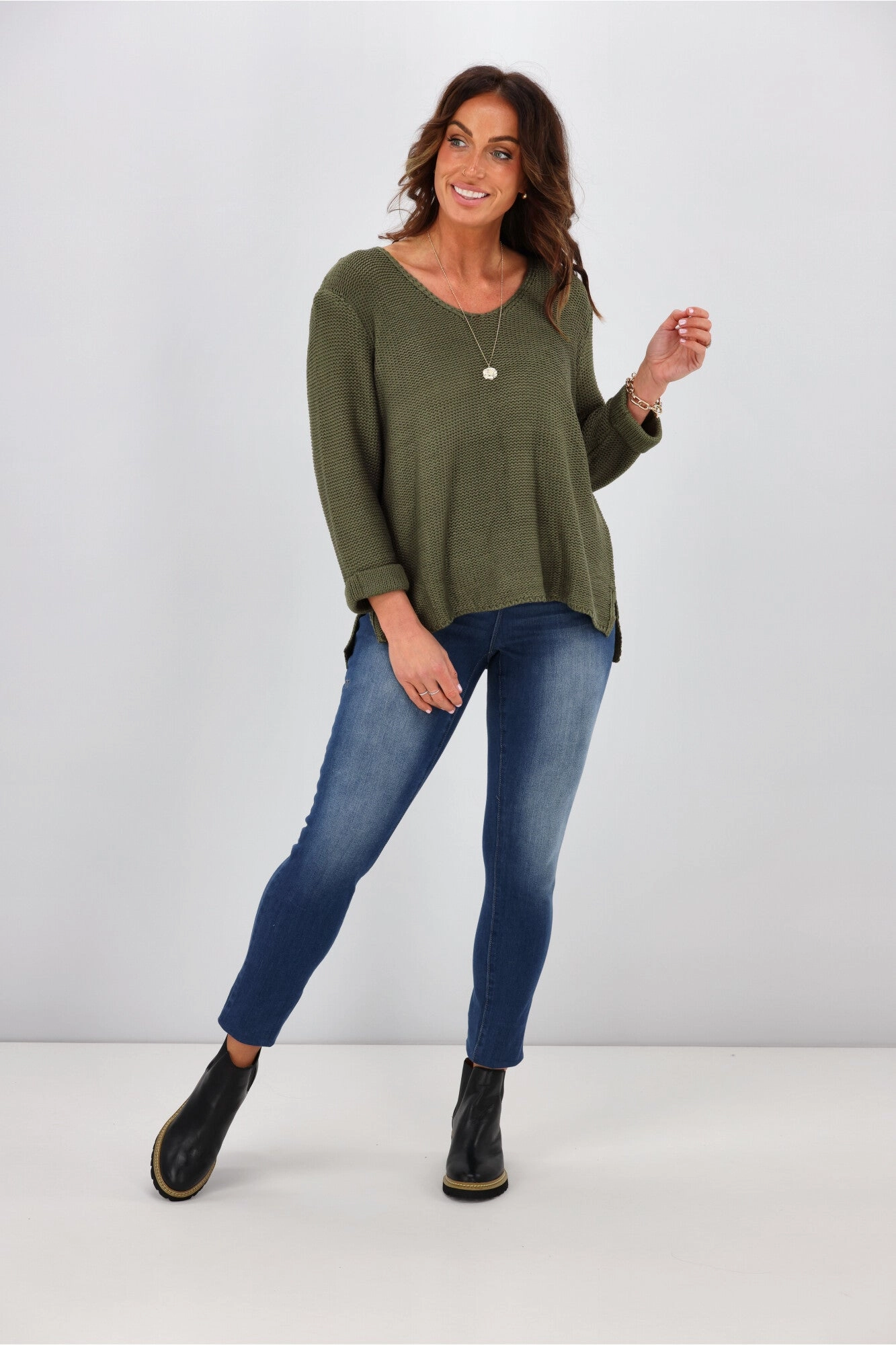 Silver Wishes Roll Up Sleeve Knit Top Khaki