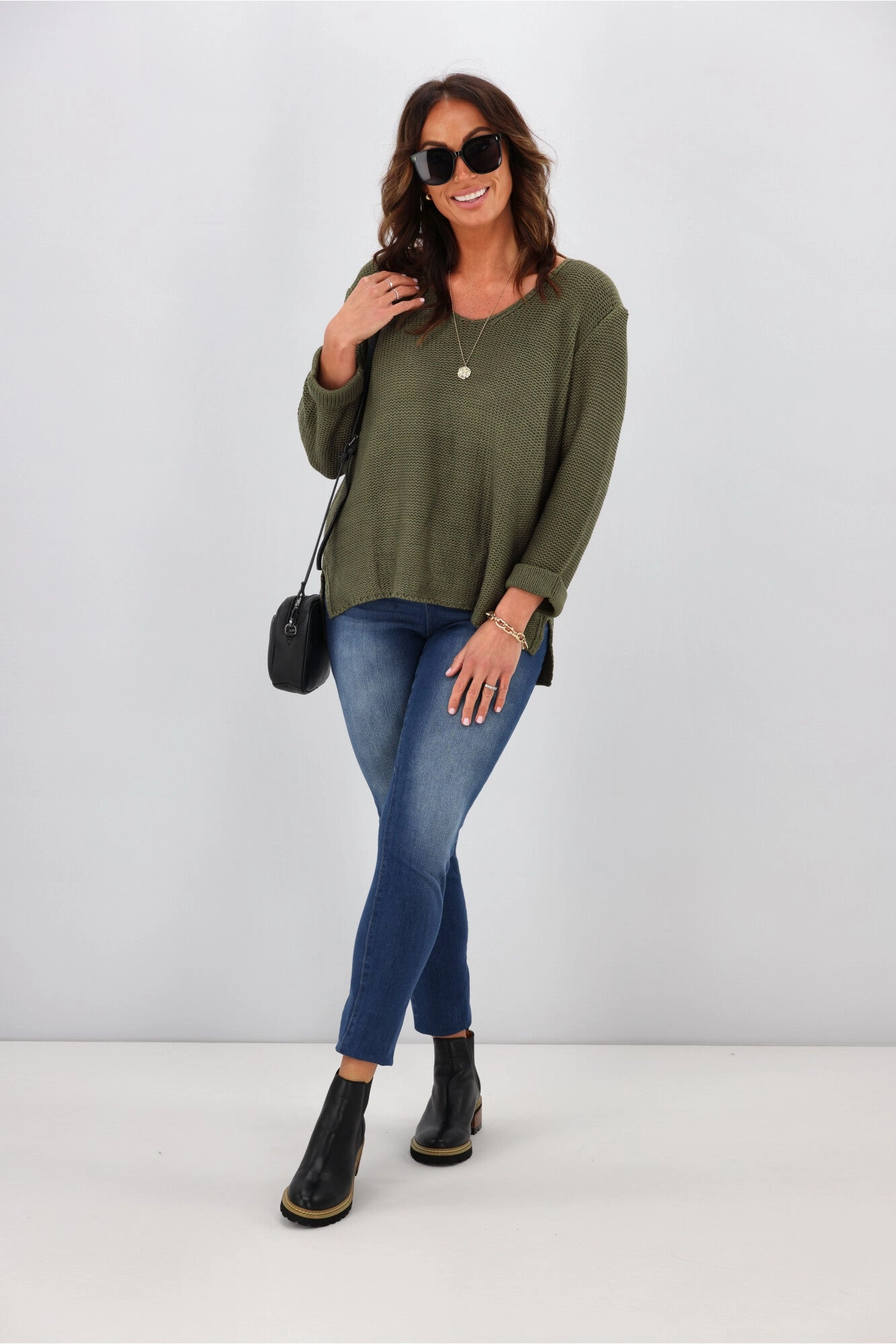 Silver Wishes Roll Up Sleeve Knit Top Khaki
