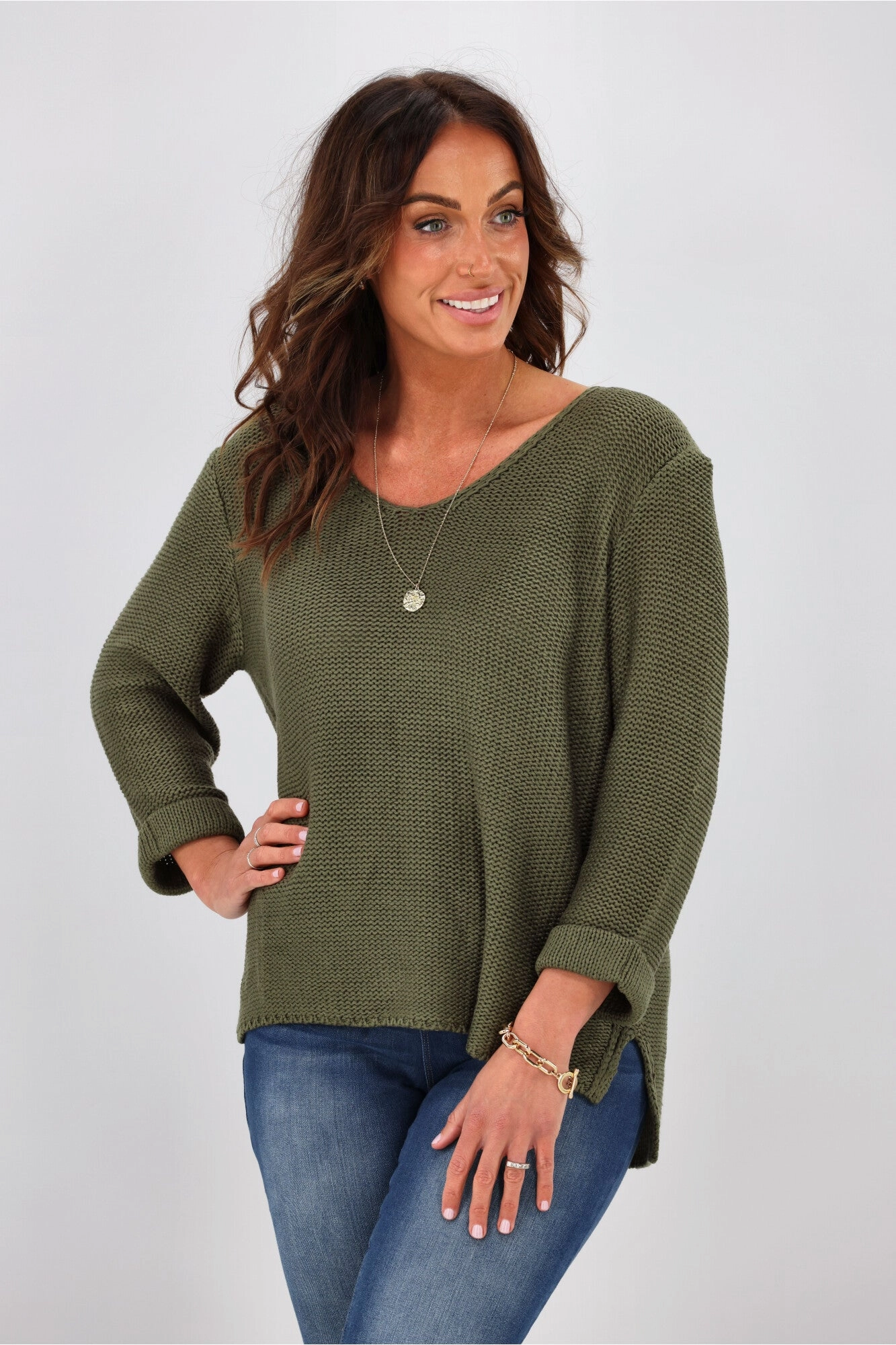 Silver Wishes Roll Up Sleeve Knit Top Khaki