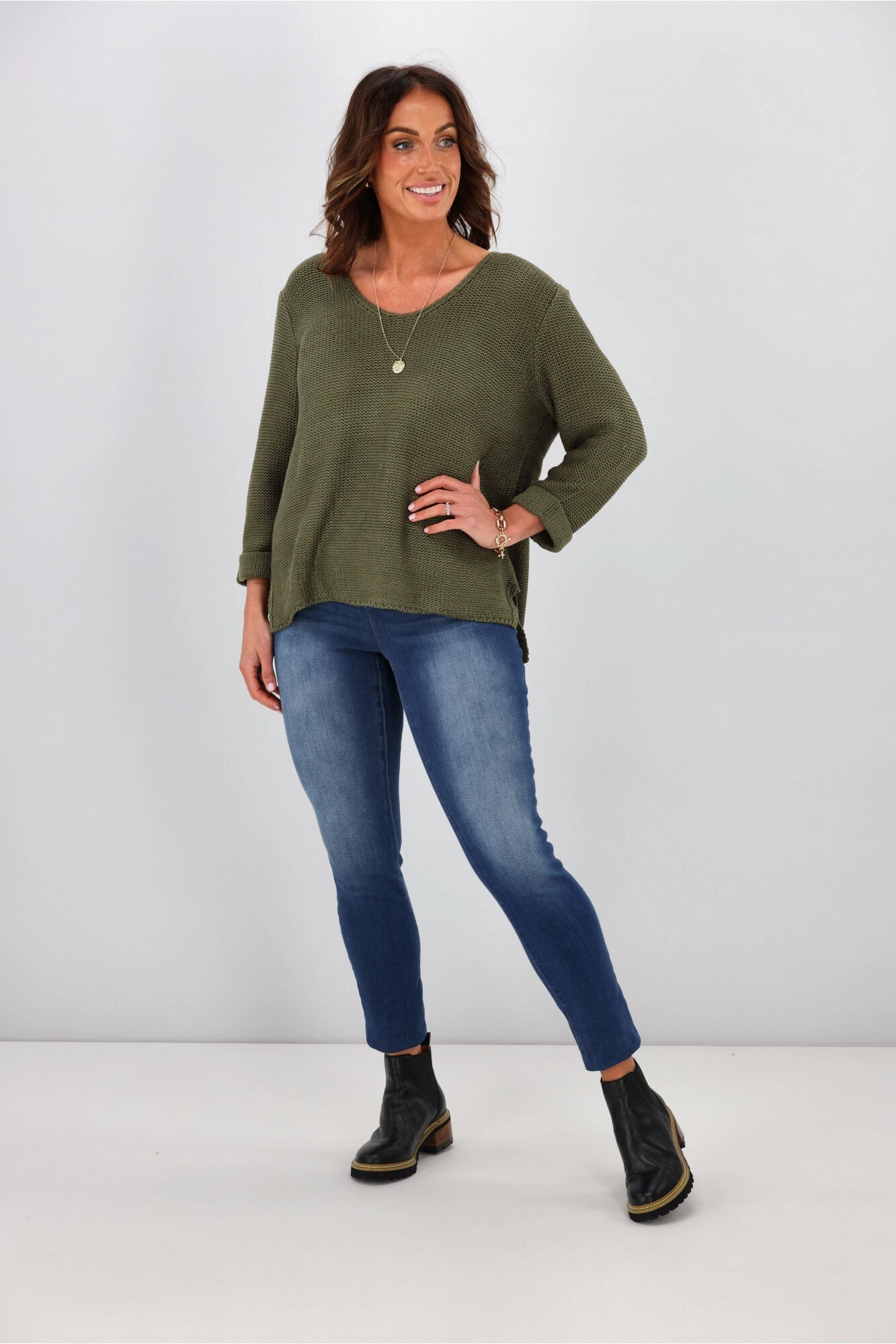 Silver Wishes Roll Up Sleeve Knit Top Khaki