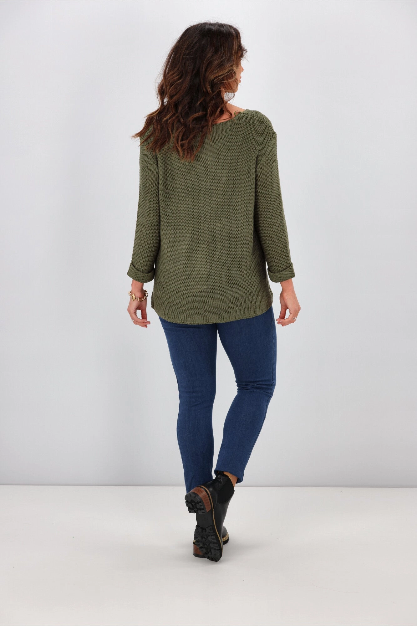 Silver Wishes Roll Up Sleeve Knit Top Khaki