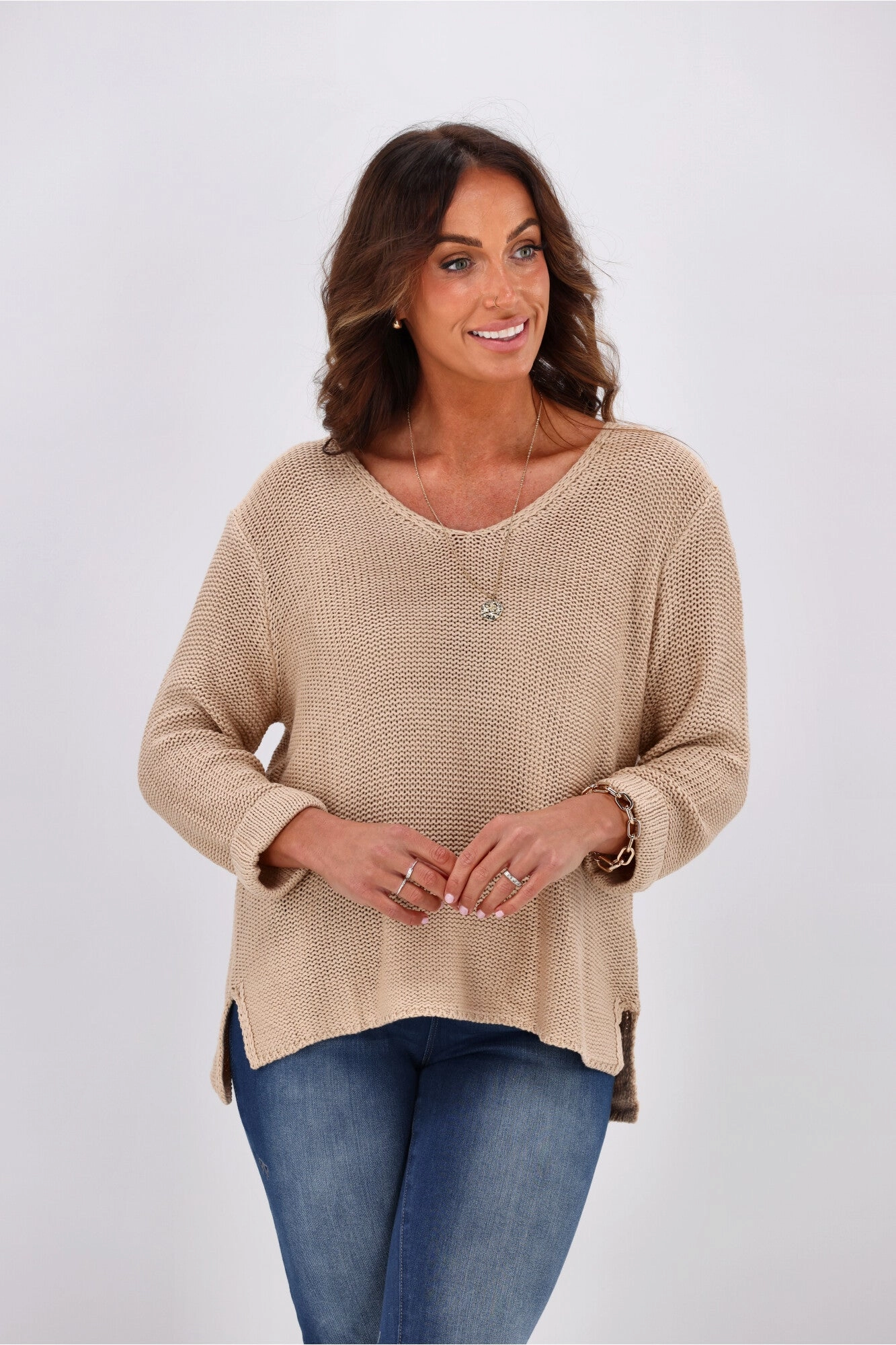 Silver Wishes Roll Up Sleeve Knit Top Mocha
