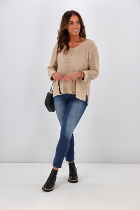 Silver Wishes Roll Up Sleeve Knit Top Mocha