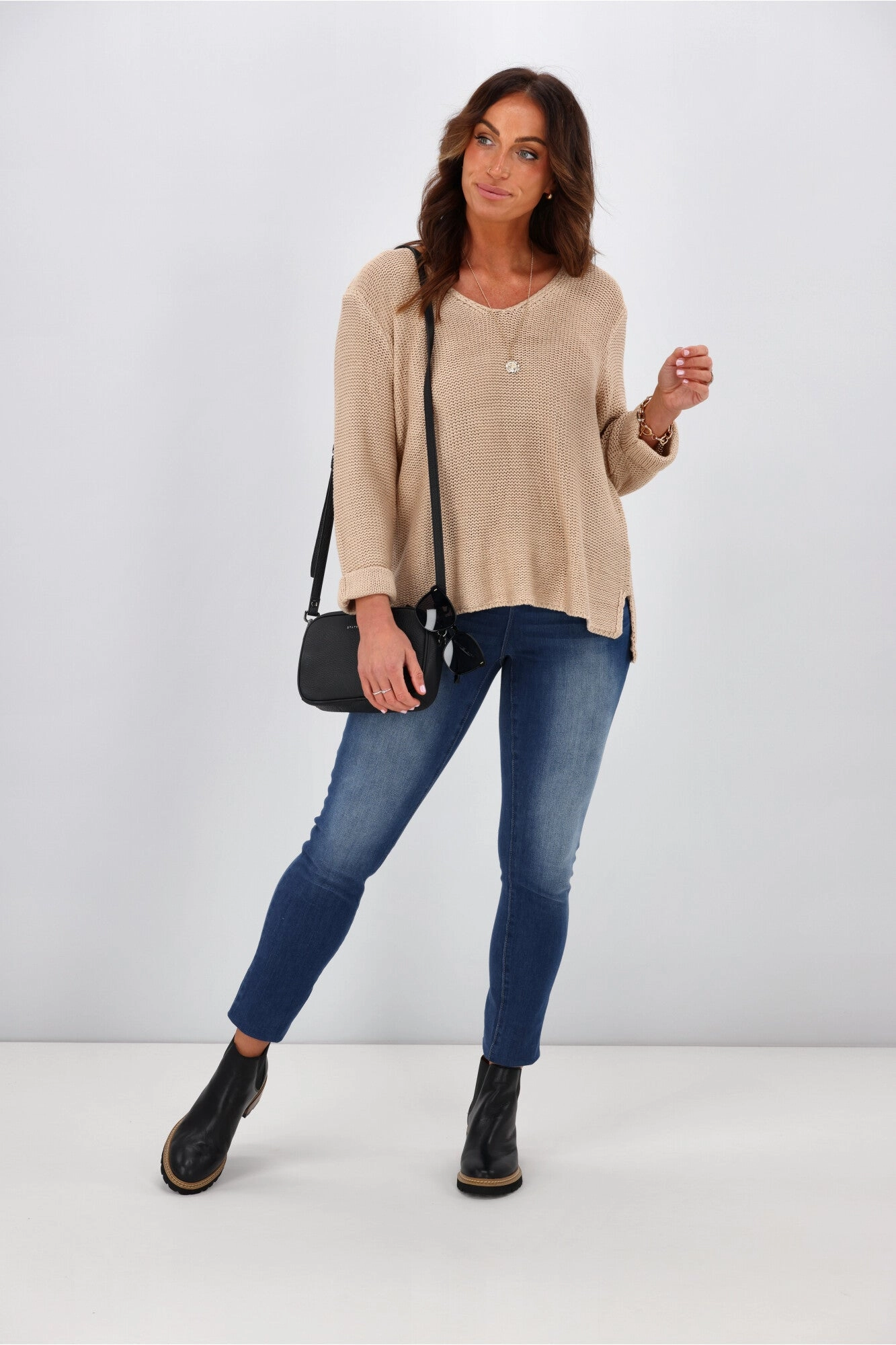 Silver Wishes Roll Up Sleeve Knit Top Mocha