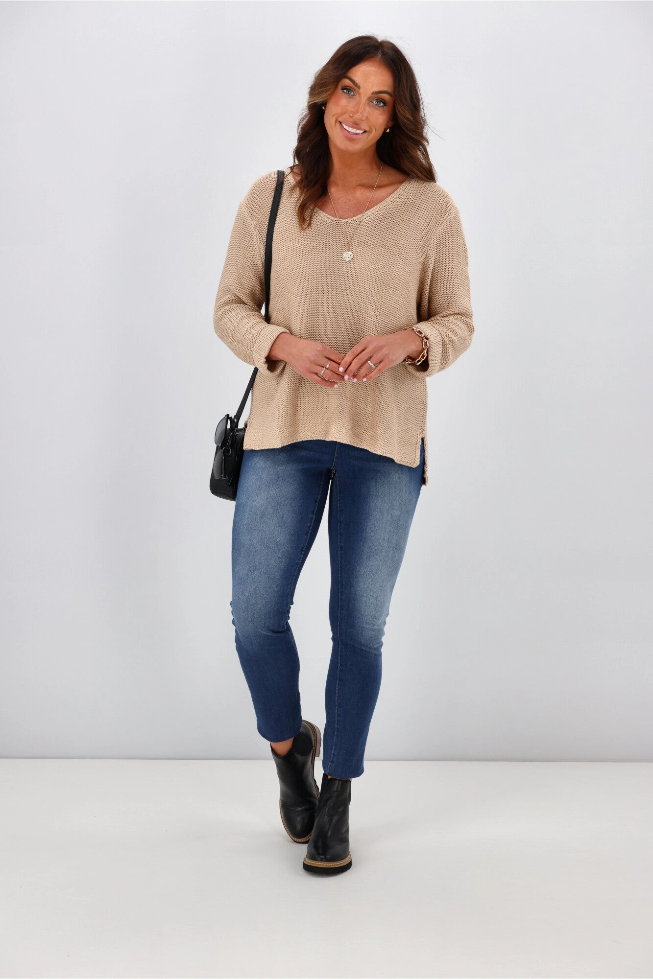 Silver Wishes Roll Up Sleeve Knit Top Mocha