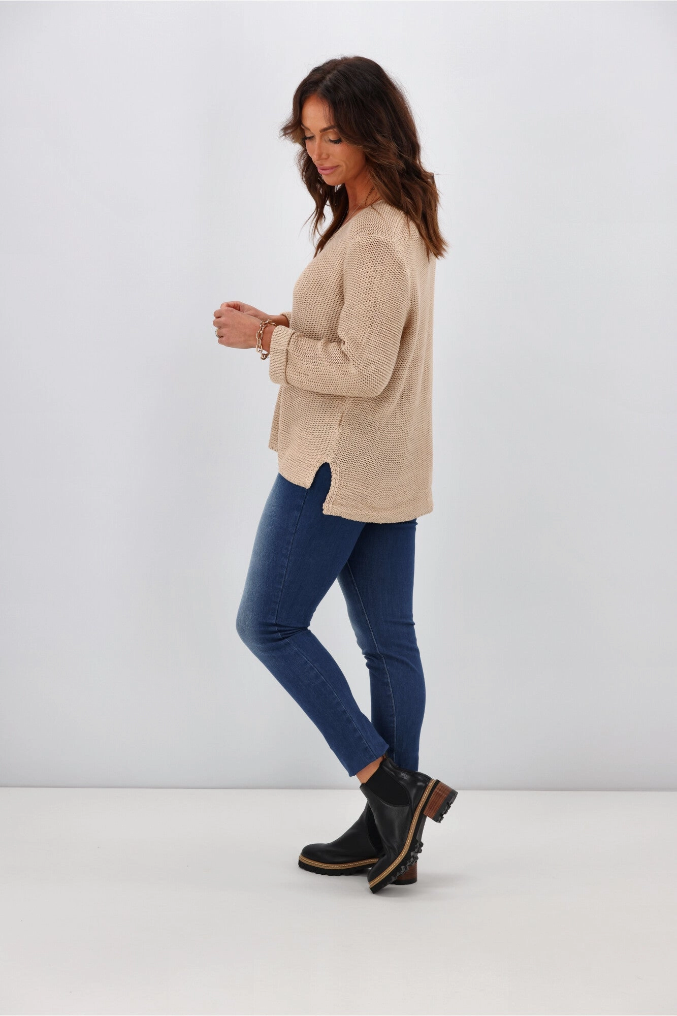 Silver Wishes Roll Up Sleeve Knit Top Mocha