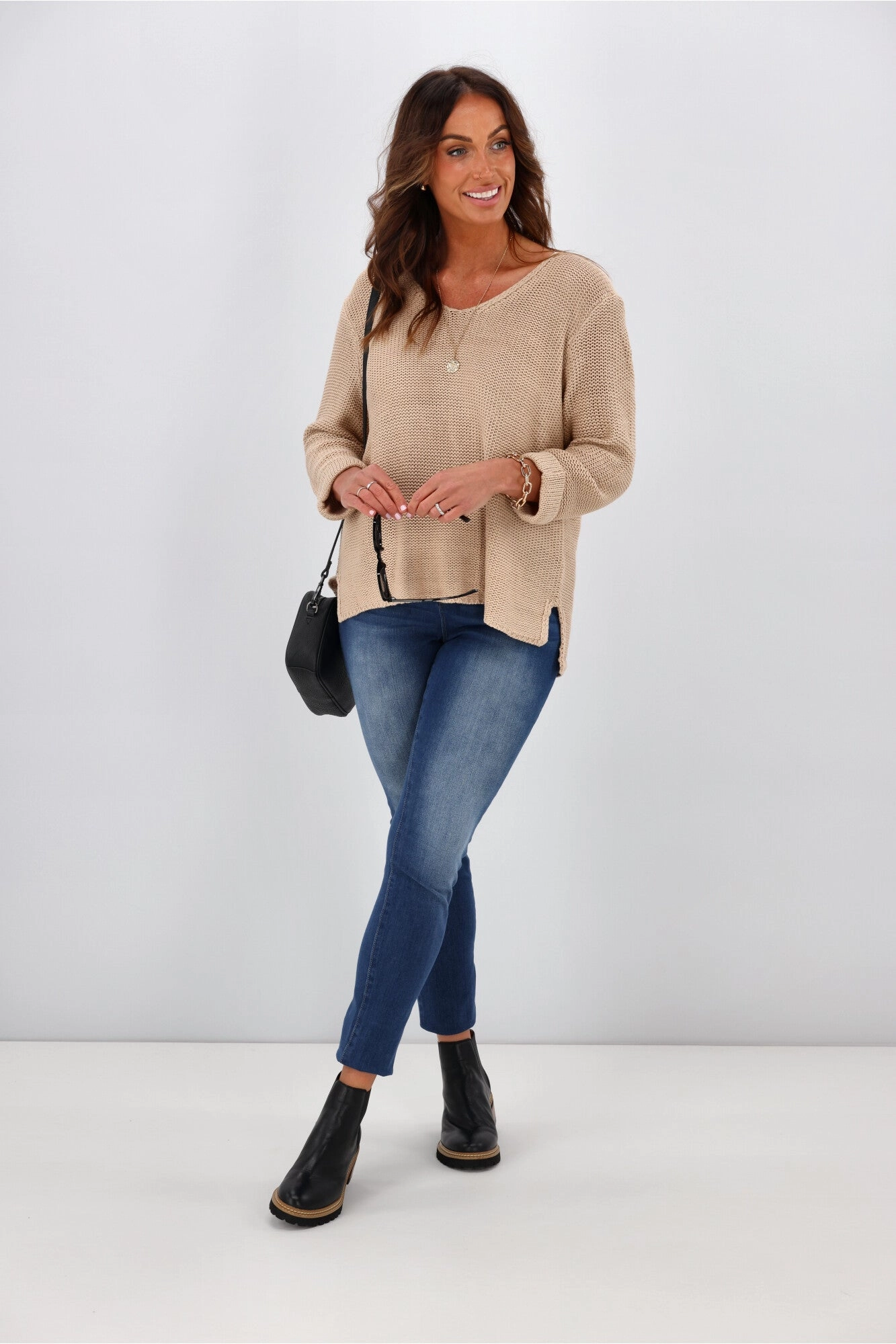 Silver Wishes Roll Up Sleeve Knit Top Mocha