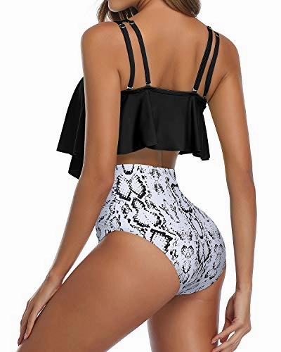 Slimming Ruched Bottom Women Ruffled Flounce Bikini Swimsuit-Black Snake