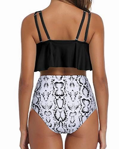 Slimming Ruched Bottom Women Ruffled Flounce Bikini Swimsuit-Black Snake