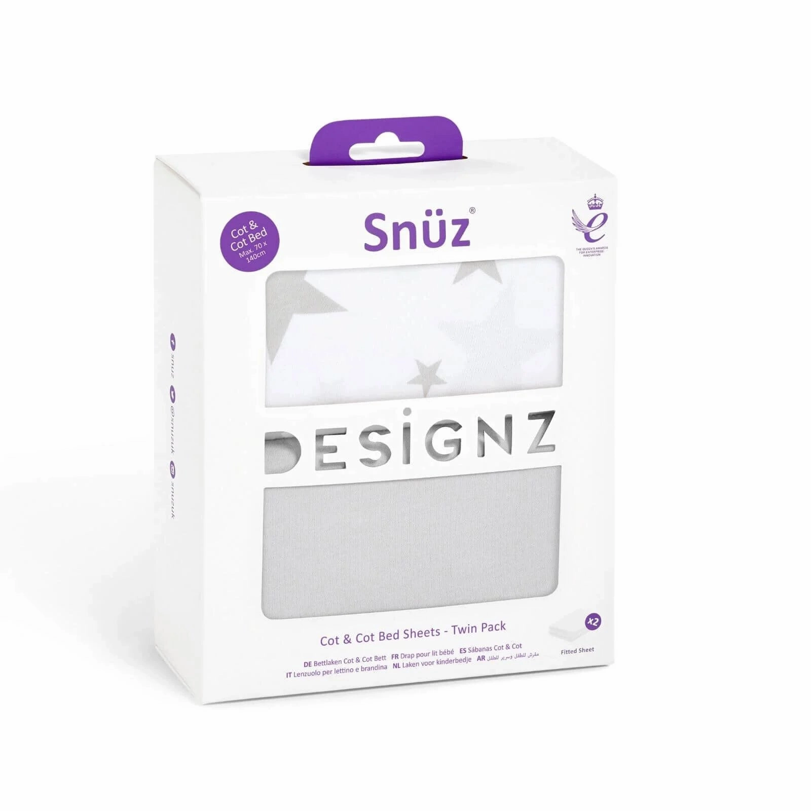 Snüz Cot & Cot Bed Fitted Sheet 2 Pack - Grey Stars