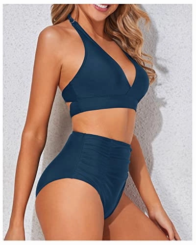 Stylish Double Buckles Two Piece High Waisted Bikini Set-Teal