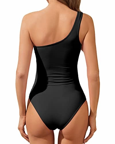 Tummy Control Shirred Asymmetric One Shoulder One Piece Swimsuits For Women-Black