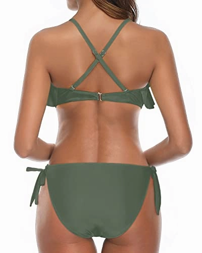 Two Piece Flounce Padded Top Women Cross Back Bathing Suit-Olive Green