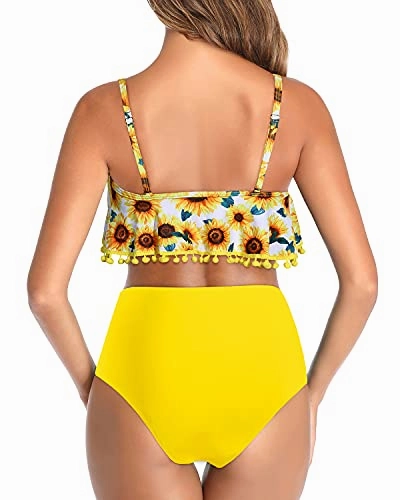 Two Piece High Waisted Bikini Flounce Ruffle Swimsuit For Women-Yellow And Sunflower