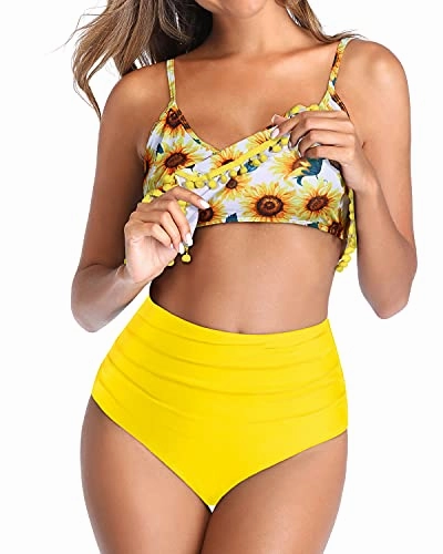 Two Piece High Waisted Bikini Flounce Ruffle Swimsuit For Women-Yellow And Sunflower