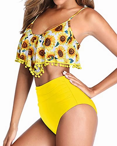 Two Piece High Waisted Bikini Flounce Ruffle Swimsuit For Women-Yellow And Sunflower