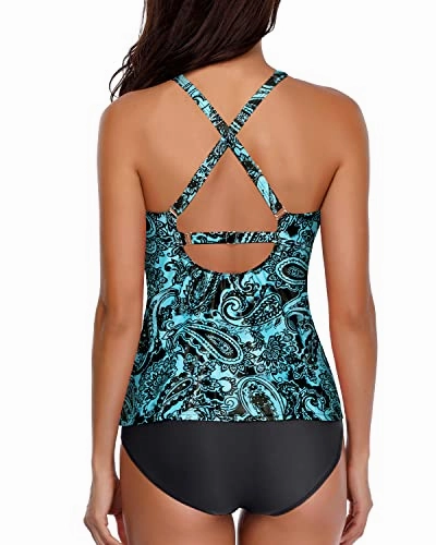 Two Piece Tankini Swimsuits High Neck Halter 2 Piece Bathing Suits-Blue Paisley