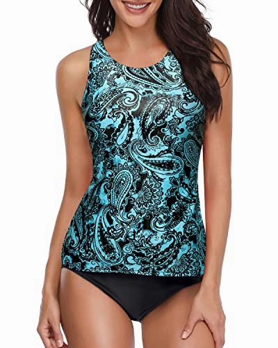 Two Piece Tankini Swimsuits High Neck Halter 2 Piece Bathing Suits-Blue Paisley