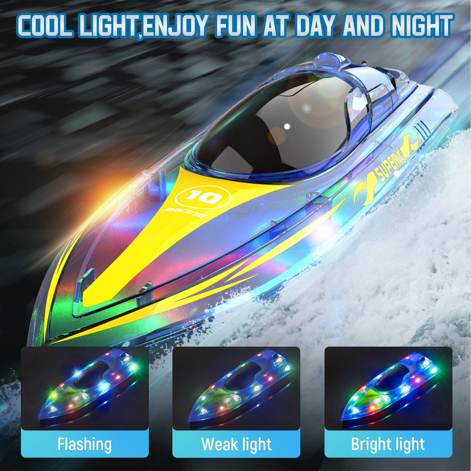 Wisairt V555 15Km/h Remote Control RC Boat with Led Lights for Pools and Lakes, Blue