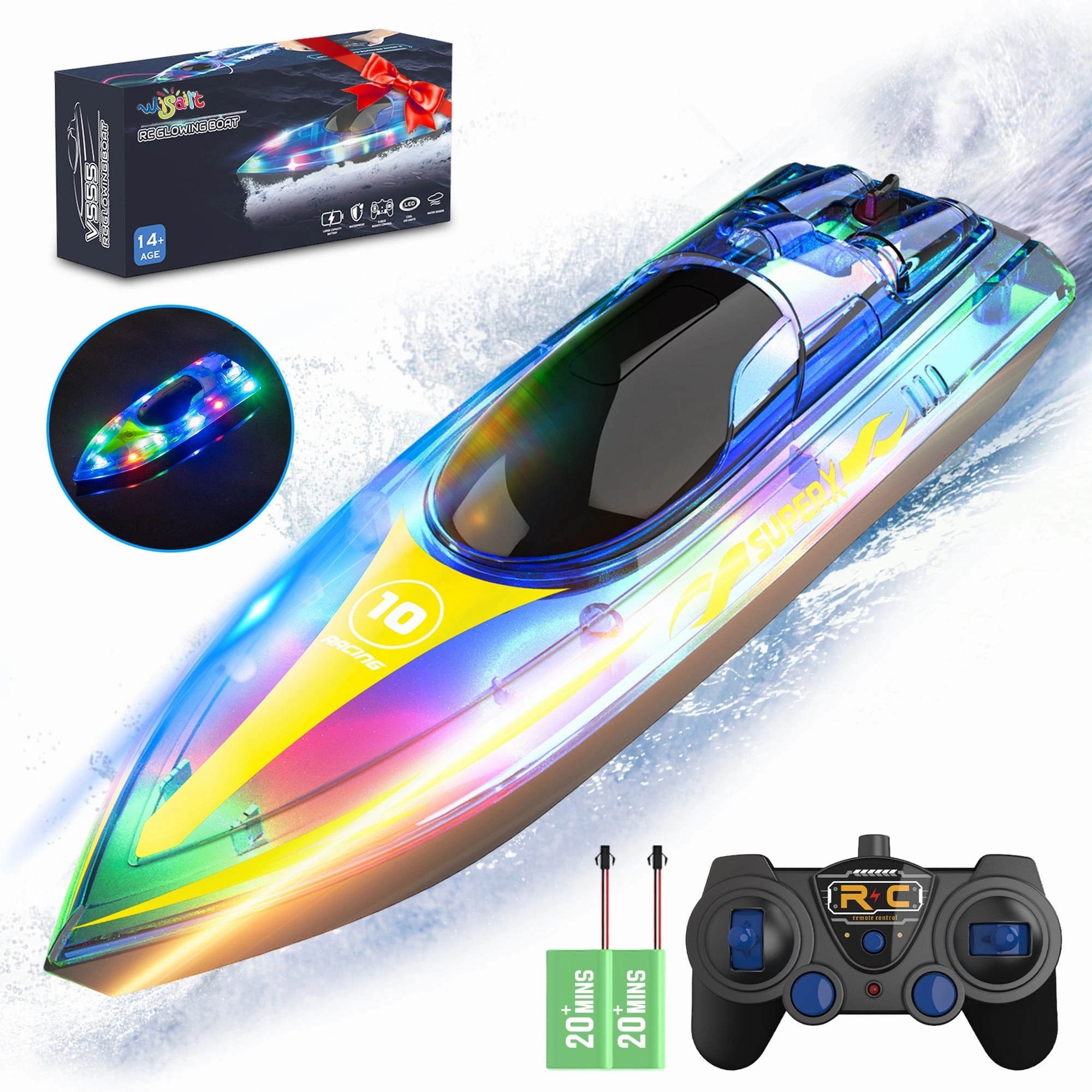 Wisairt V555 15Km/h Remote Control RC Boat with Led Lights for Pools and Lakes, Blue