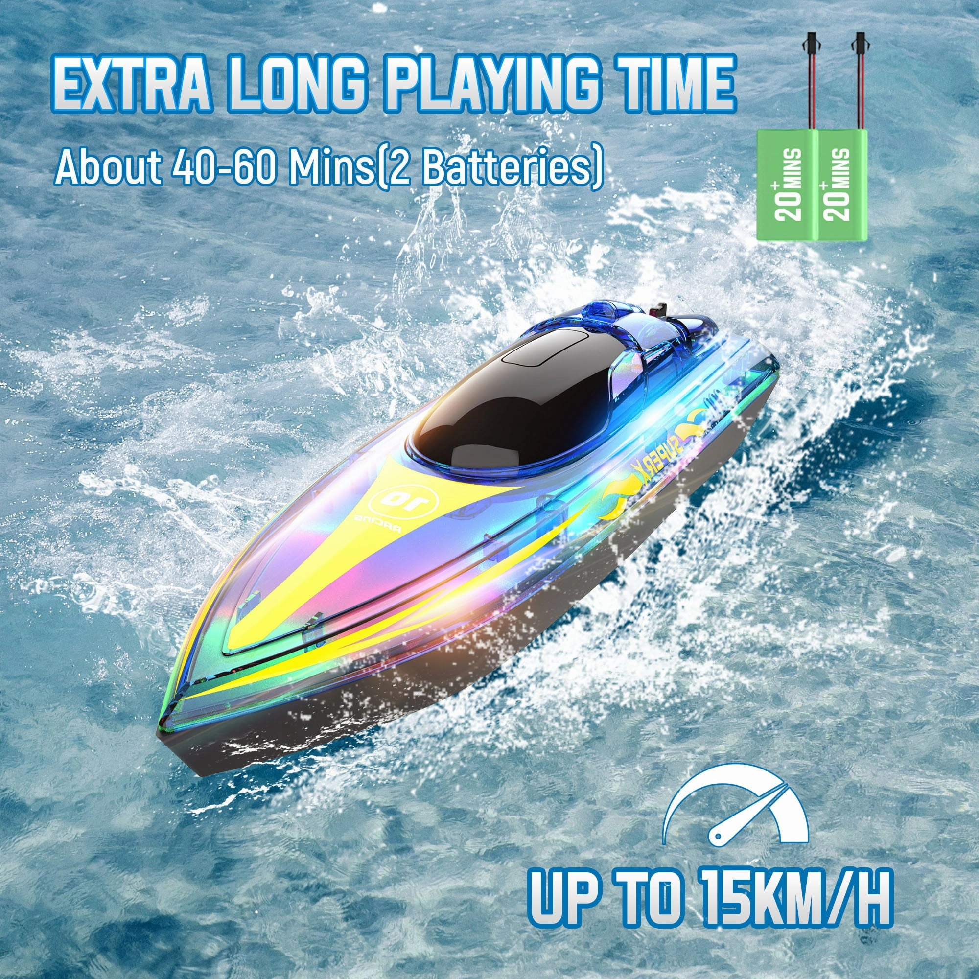 Wisairt V555 15Km/h Remote Control RC Boat with Led Lights for Pools and Lakes, Blue